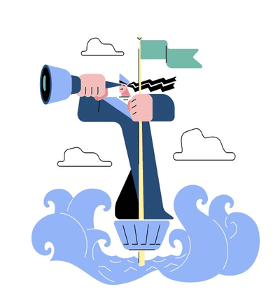 Navigator standing on crow's nest in ocean waves, looking through telescope